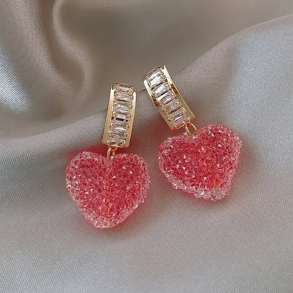Pink Love Heart Crystal Earrings