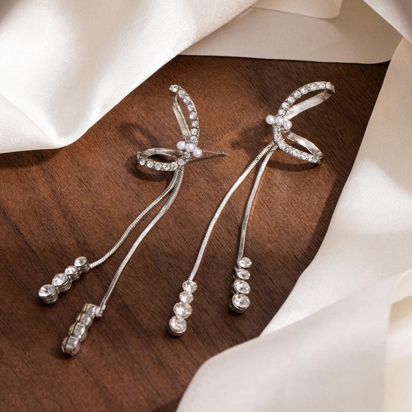 White bow long tassel earrings