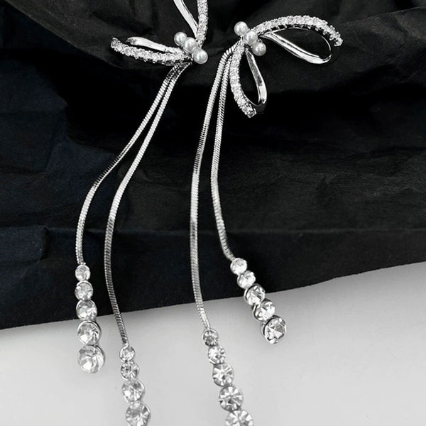 White bow long tassel earrings