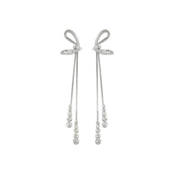 White bow long tassel earrings