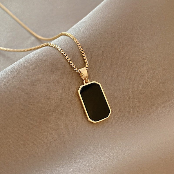 Gold Black Rectangle Stone Necklace