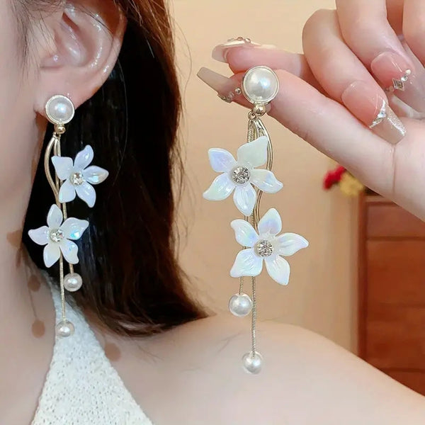 Flower pearl tassel earrings