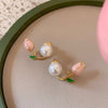 Pack Of 2 Round Pearl & Pink Rose Earrings