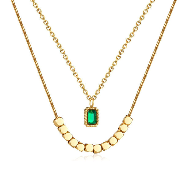 Anti Tarnish Double Layered Green Stone Necklace