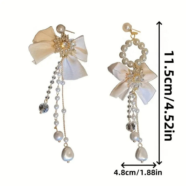 Bow And Pearls Tassels Earrings