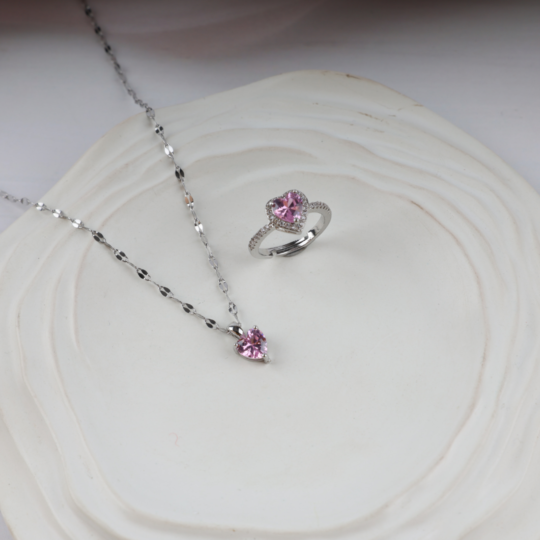 Love Pink Mini Heart Necklace, Ring Set
