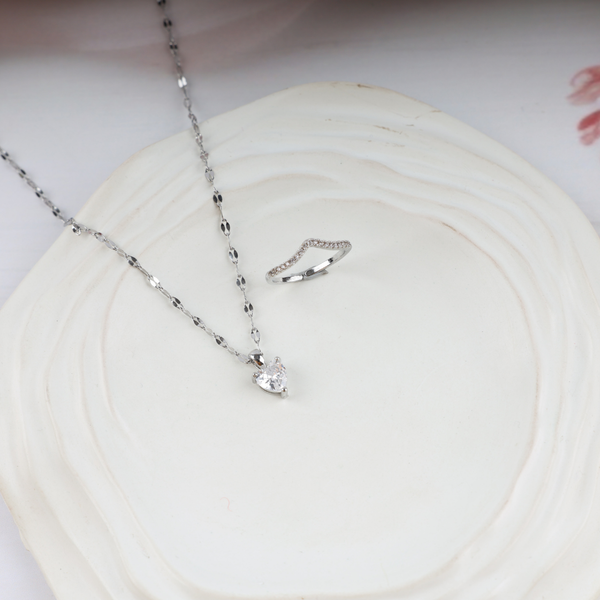 Love White Mini Heart Necklace, Ring Set