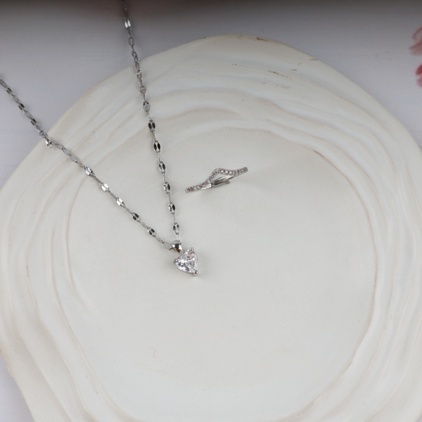 Love White Mini Heart Necklace, Ring Set
