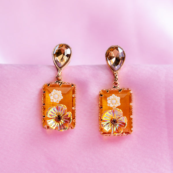 Gold Plated Orange Rhinestone Flower Earring