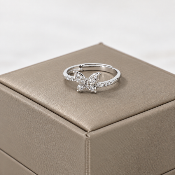 S925 Silver Crystal Butterfly Adjustable Ring
