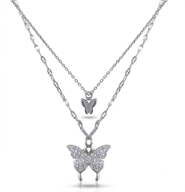 Silver Double Chain Butterfly Necklace