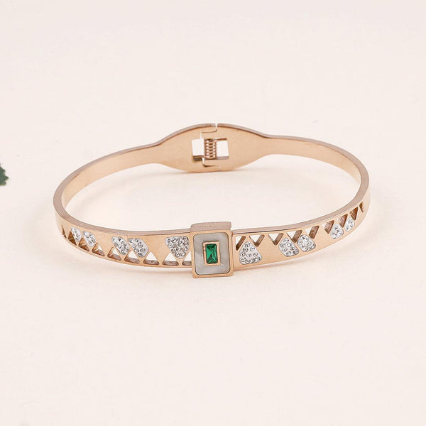 Rose Gold Plated Geometric Bracelet with Green Gemstone and Crystals".