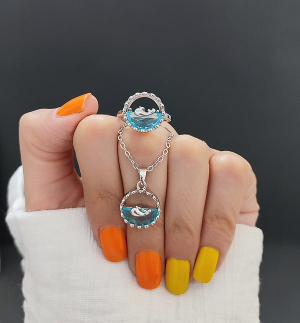 Combo Of Blue Sea Zircon Pendant And Ring
