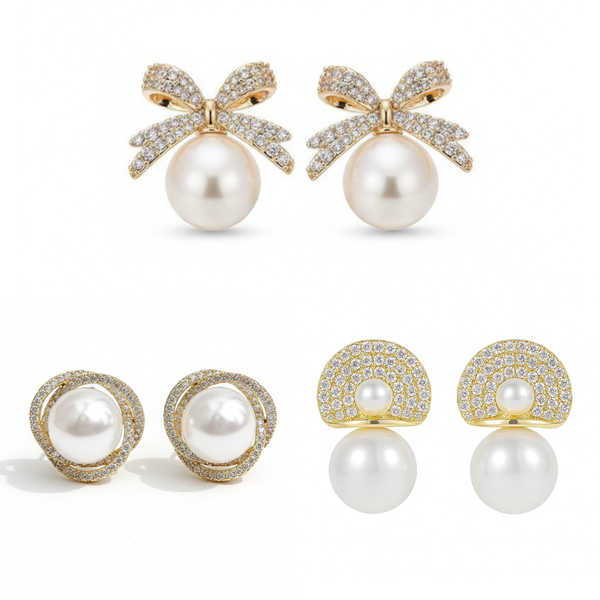 Pack Of 3 Golden Bow Pearl Earring