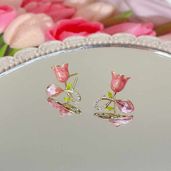 Mini Pink Flower Crystal Shiny Earring