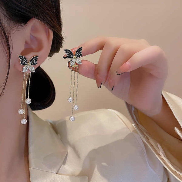 Crystal Shine Butterfly Pearl Long Tassel Earring