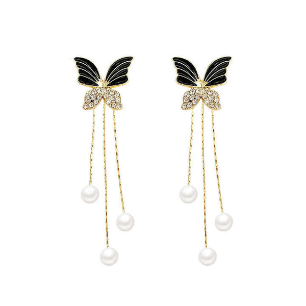 Crystal Shine Butterfly Pearl Long Tassel Earring