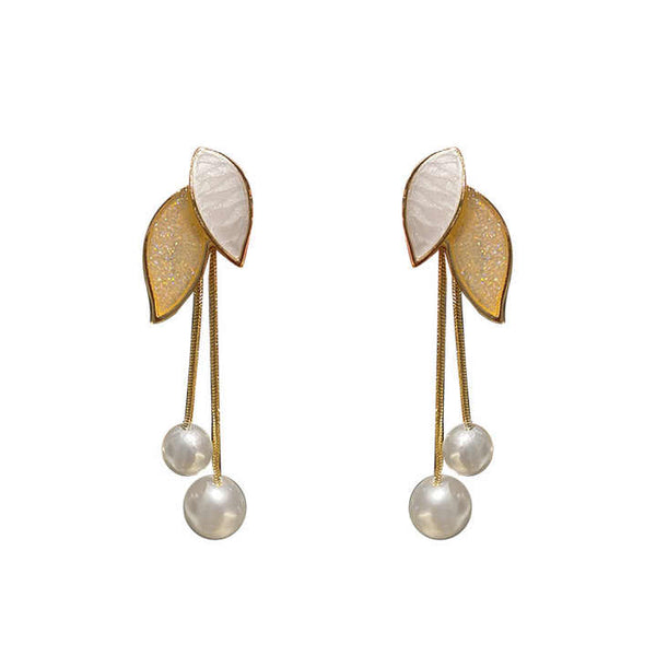 Double Leaf Design Long Pearl Chain Tassel Earring