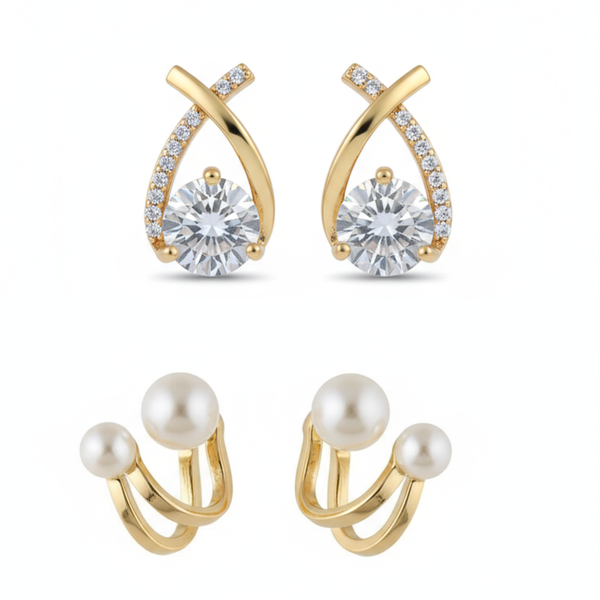 Combo Of 2 Gold-Plated Diamond Look & Pearl Earring