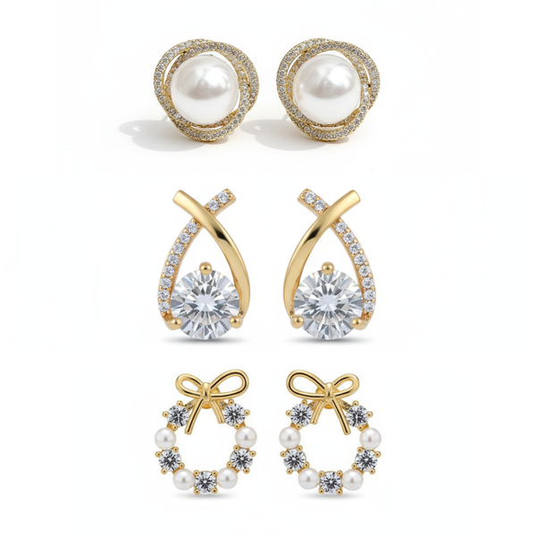 Pack Of 3 Pearl & Crystal Gold-Plated Earring