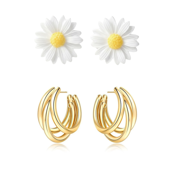 Pack Of 2 Sunflower & Triple Hoop Earring