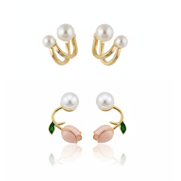 Combo Of 2 Enamel Tulip And Pearl Stud Earrings