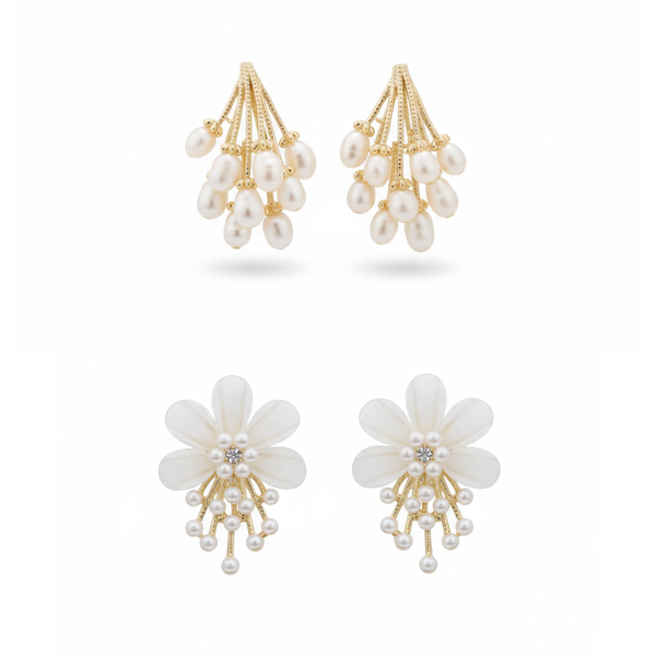 Pack Of 2 White Flower Pearl Earrings