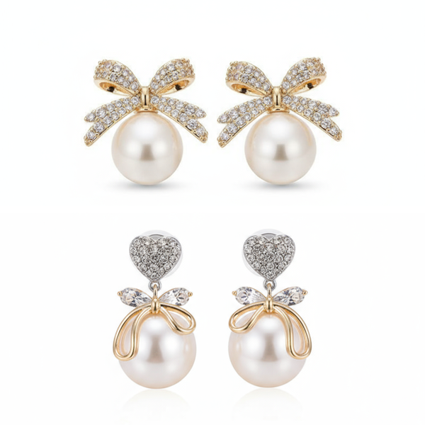 Pack Of 2Heart Pearl Bow Earrings