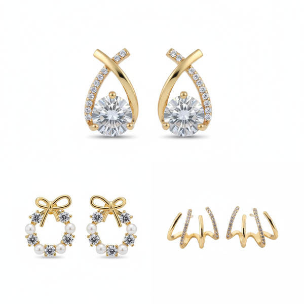 Pack Of 3 Stylish Crystal, Pearl & Spiral Earrings