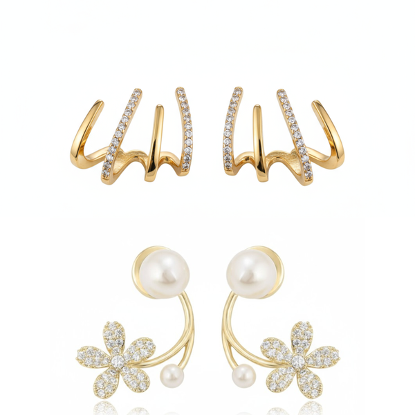 Combo Of 2 Pearl & Crystal Floral Earrings