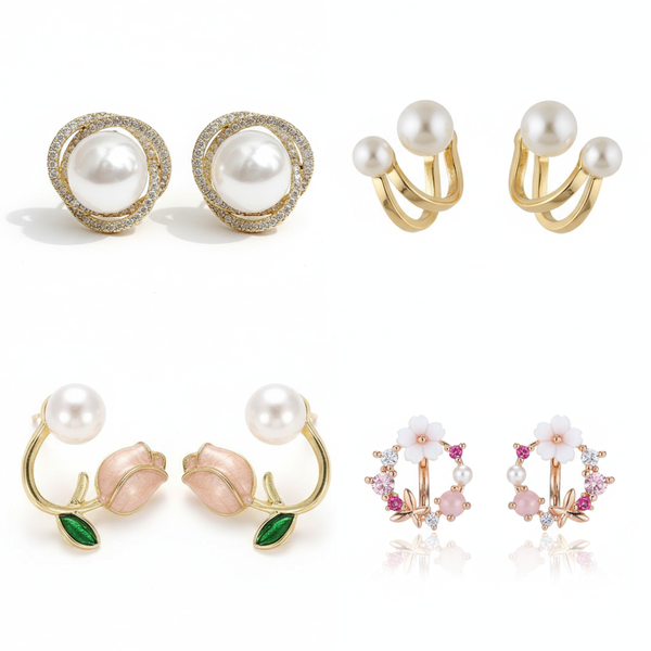 Pack Of 4 Stylish Pearl Flower Earrings