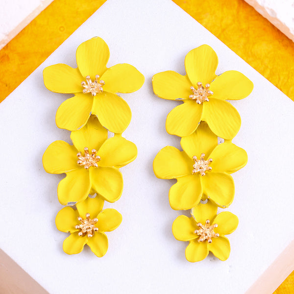 Tripal Yellow Flower Tassel Earrings