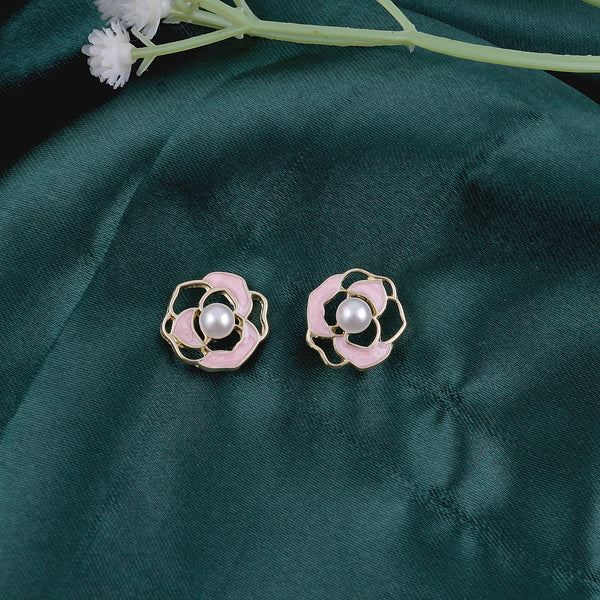 Pink Flower Pearl Earrings