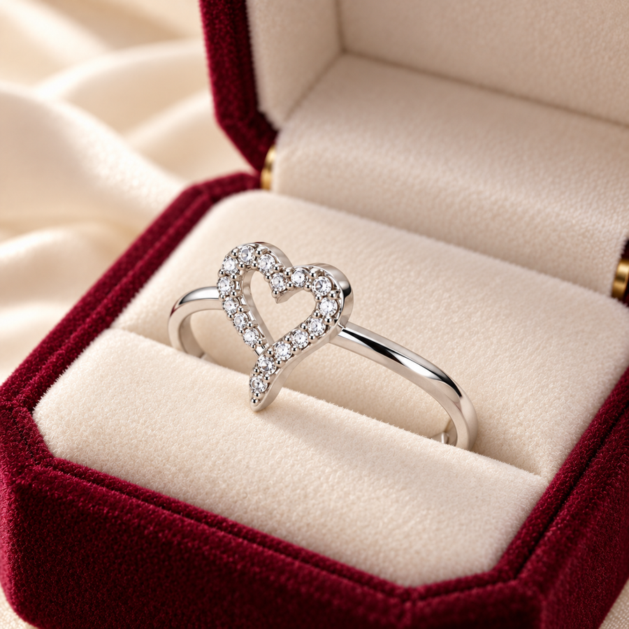 S925 Sterling Silver Crystal Heart Ring