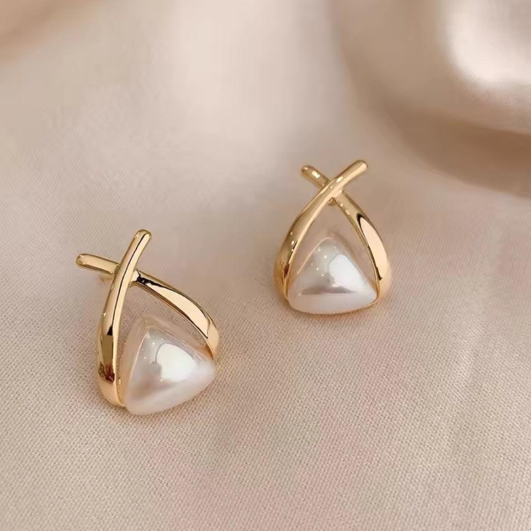 Gold X Pearl Stud Earrings