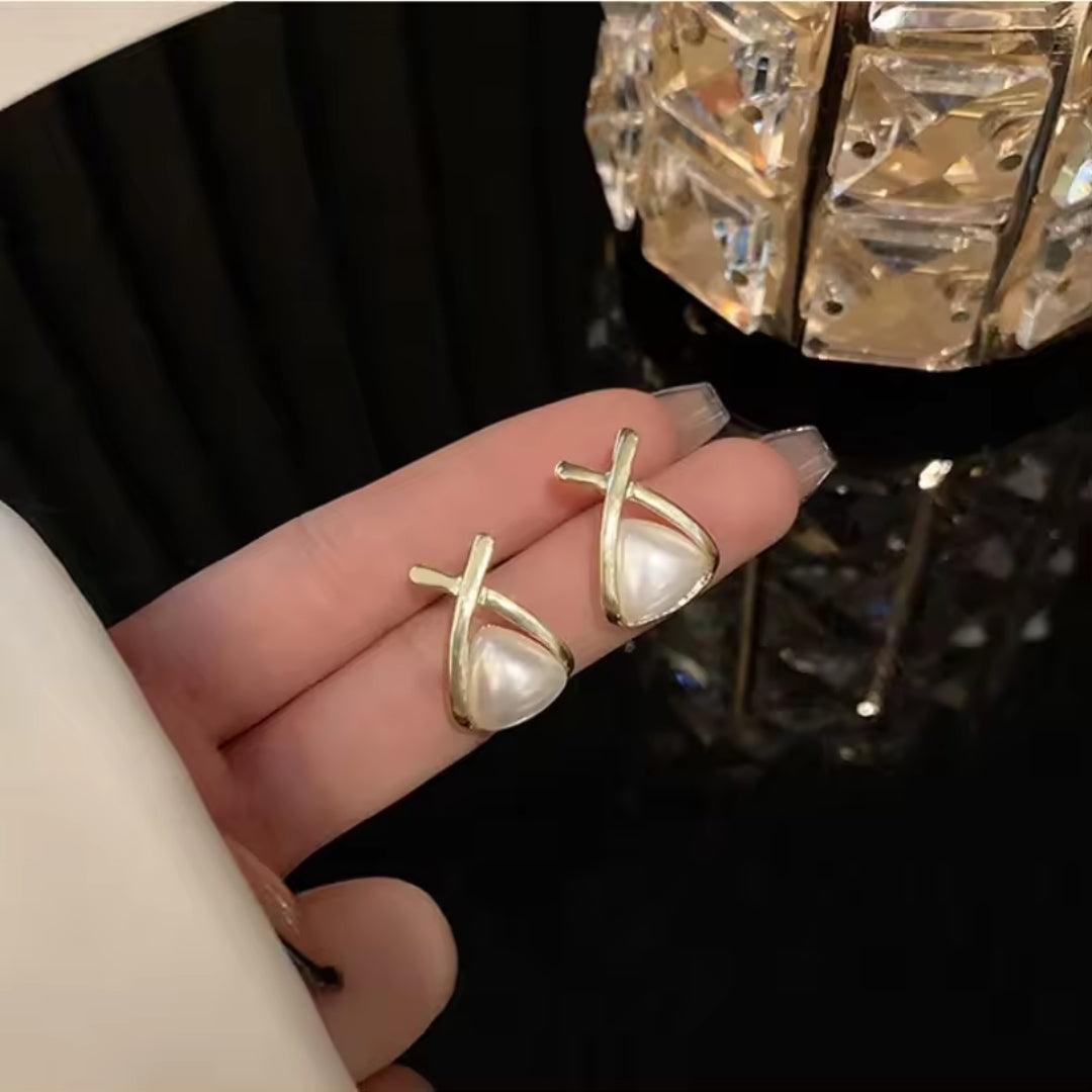 Gold X Pearl Stud Earrings