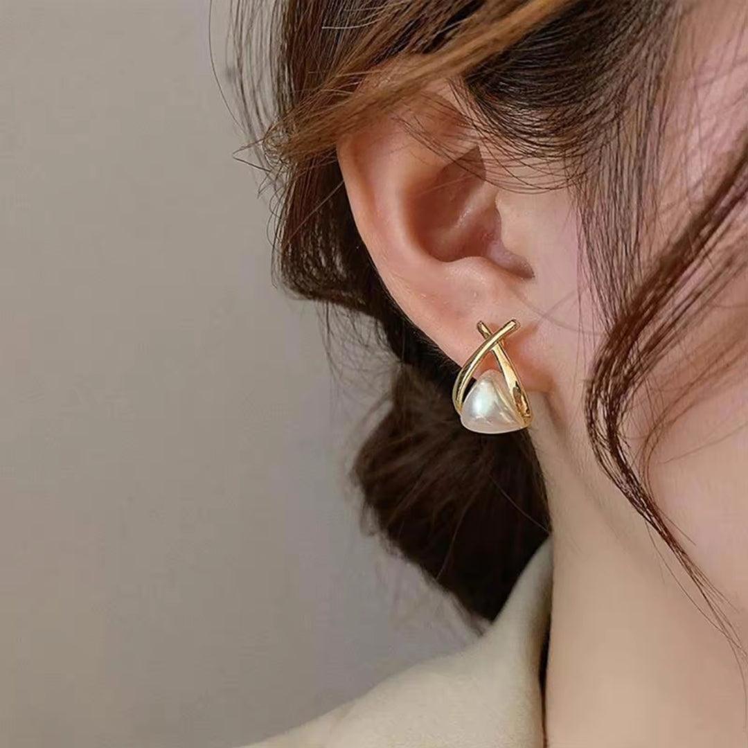 Gold X Pearl Stud Earrings