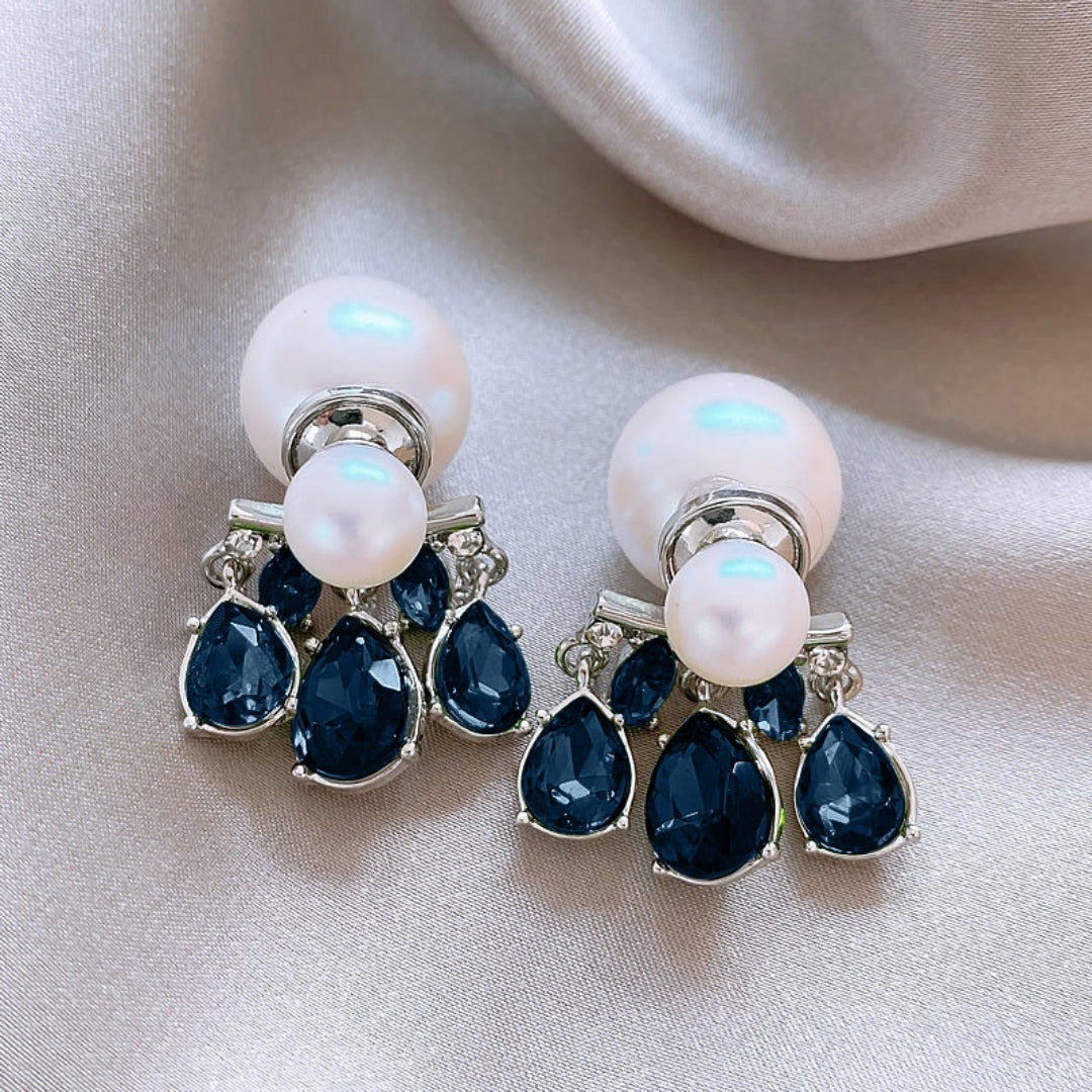 Blue Rhinestone Double Pearl Stud Earring