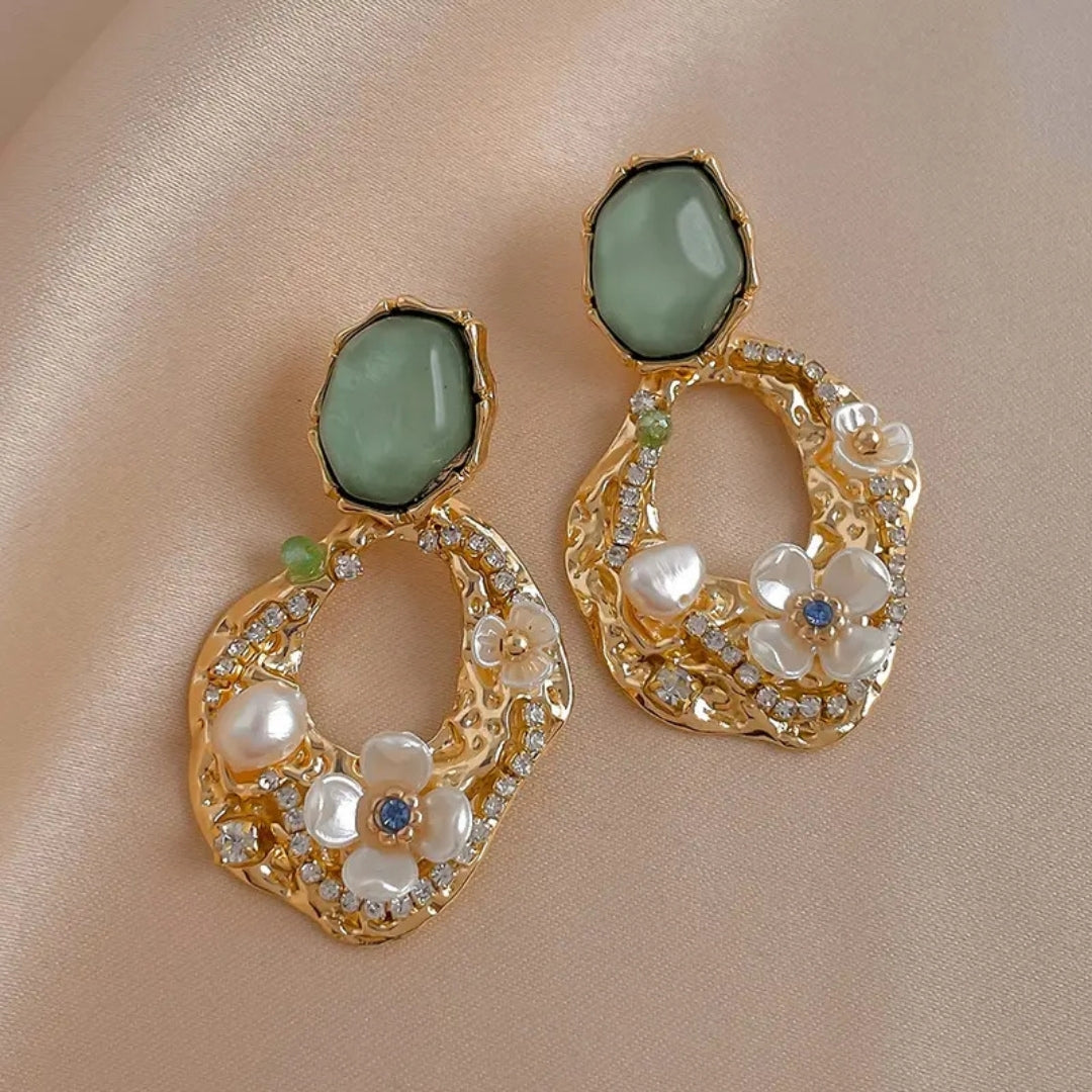 Green Gemstone Floral Earrings with Pearls