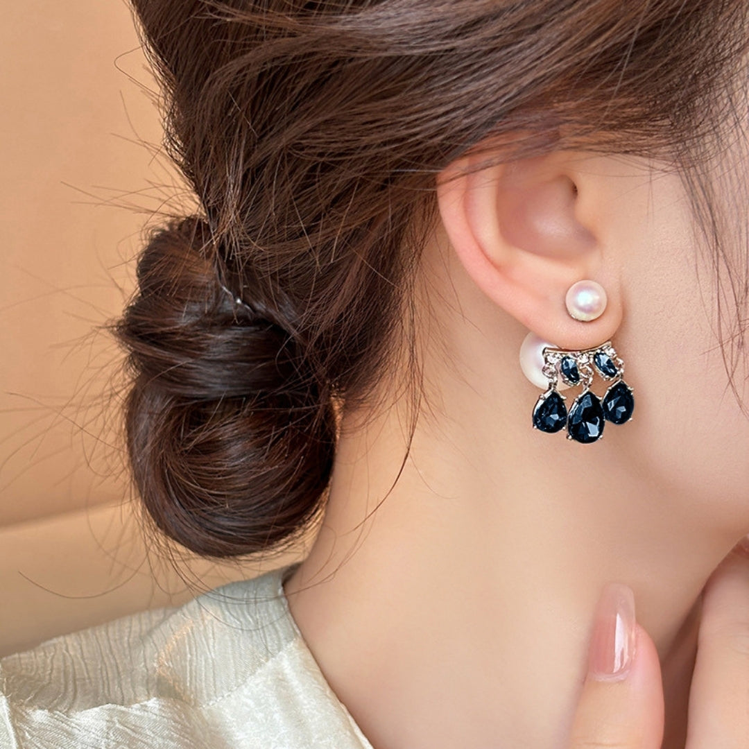 Blue Rhinestone Double Pearl Stud Earring