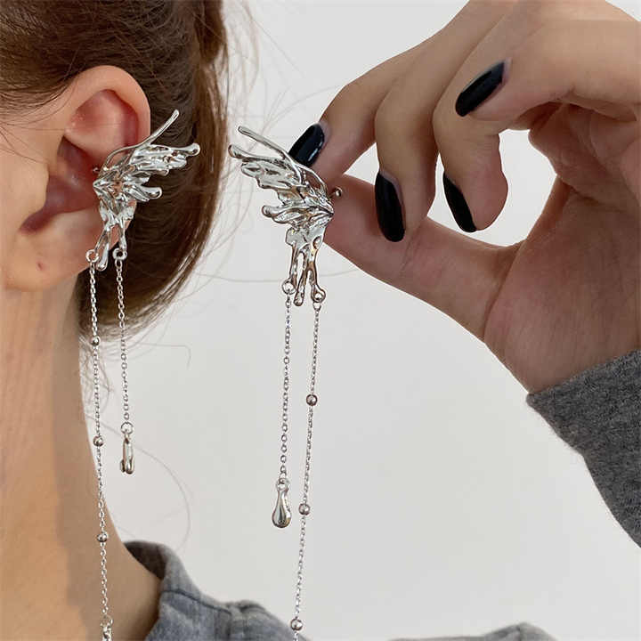 Silver Butterfly Wing Tassel With Earrings