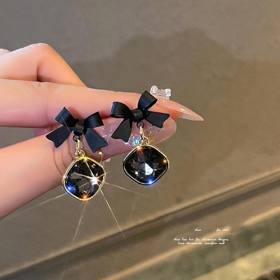 Black Bow Earrings with Crystal