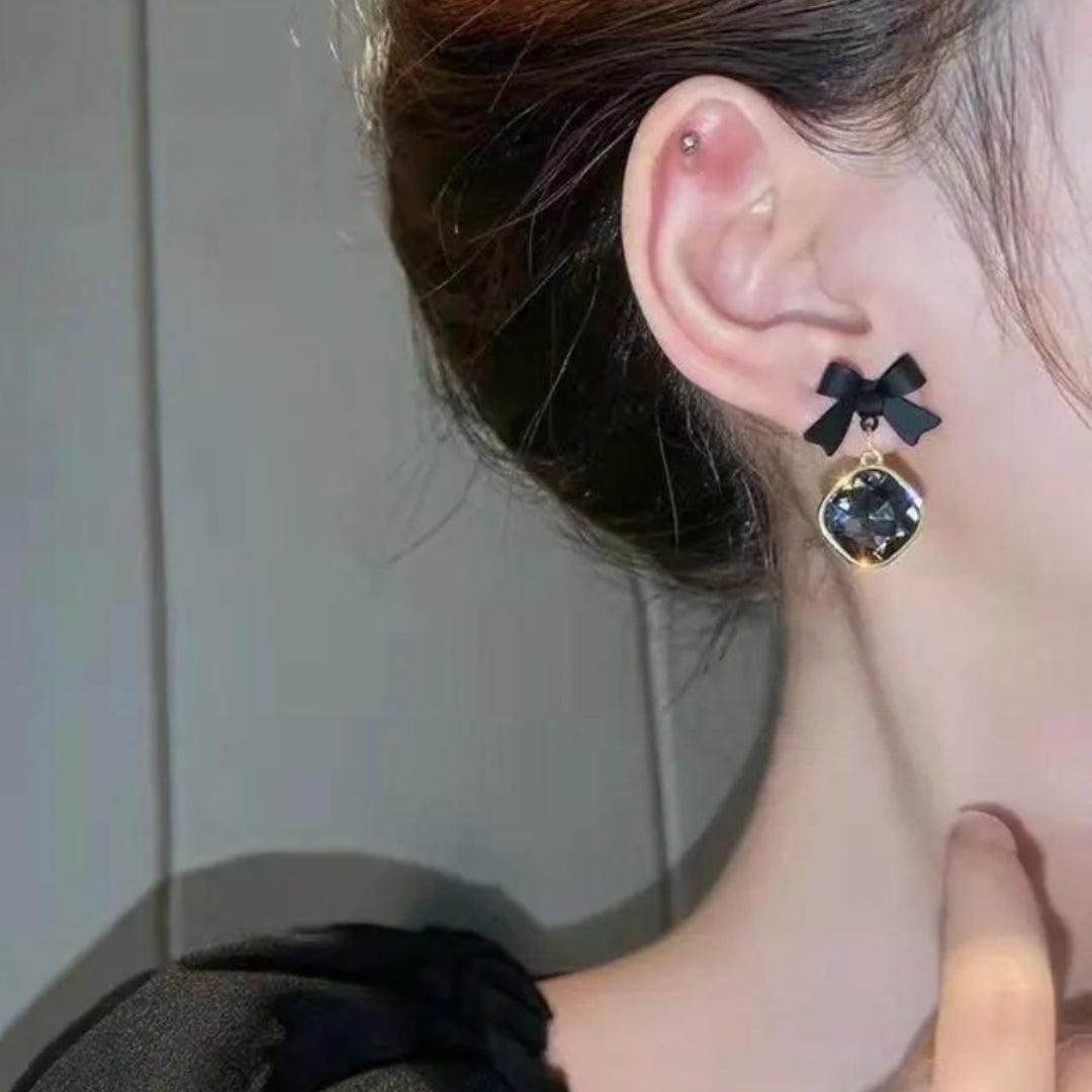 Black Bow Earrings with Crystal