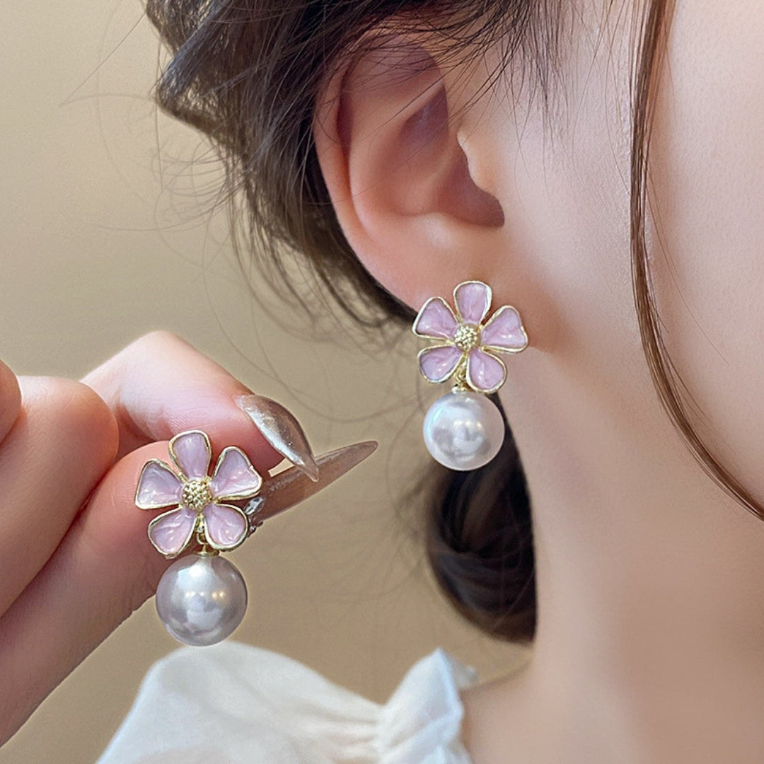 Elegant Pink Flower White Pearl Earring