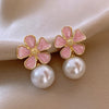 Elegant Pink Flower White Pearl Earring