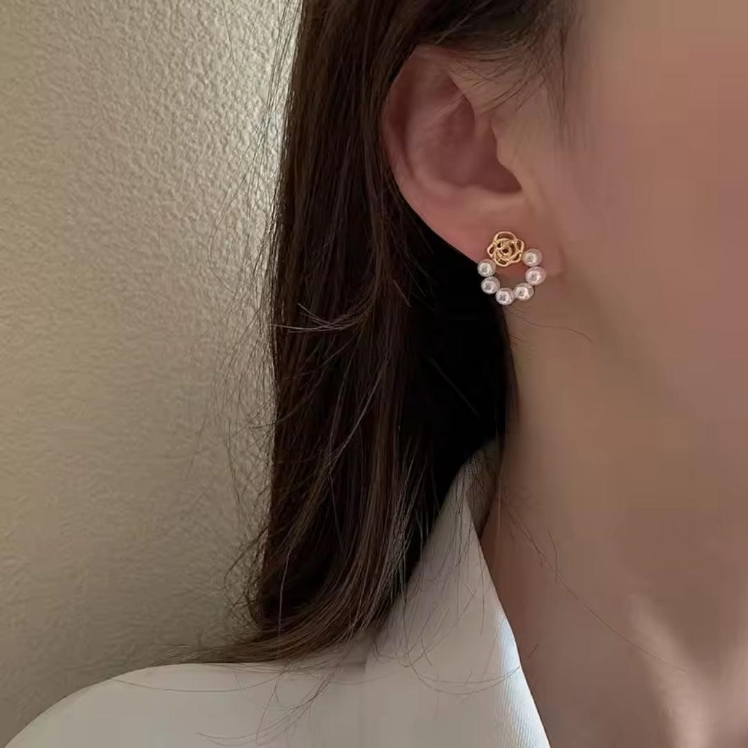 Pearl Circle Rose Stud Earrings