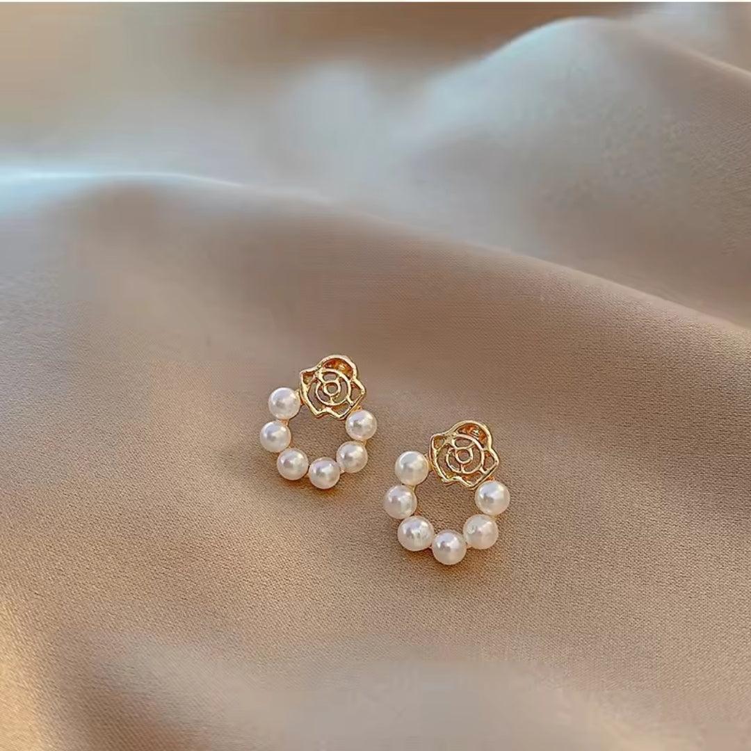 Pearl Circle Rose Stud Earrings