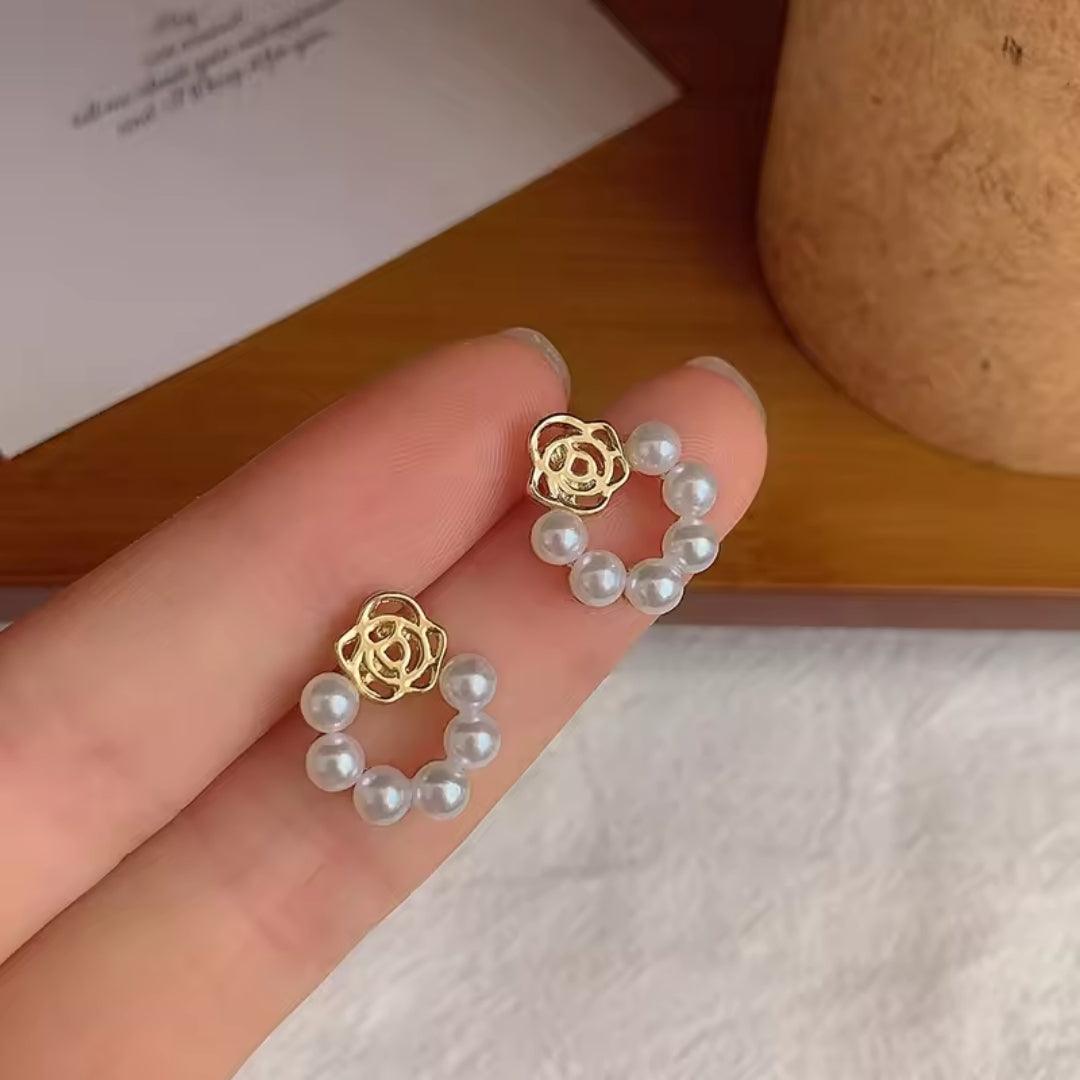 Pearl Circle Rose Stud Earrings