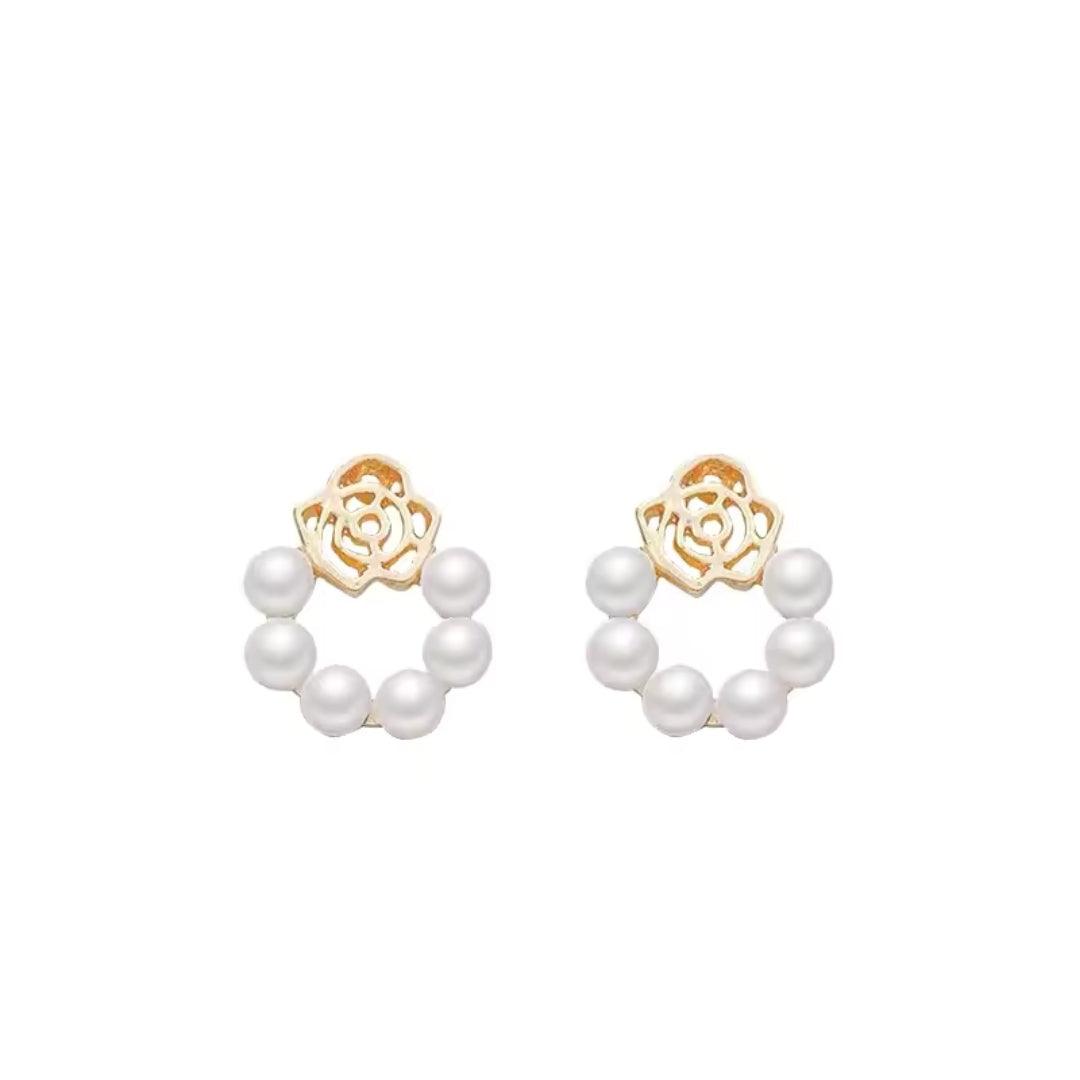 Pearl Circle Rose Stud Earrings