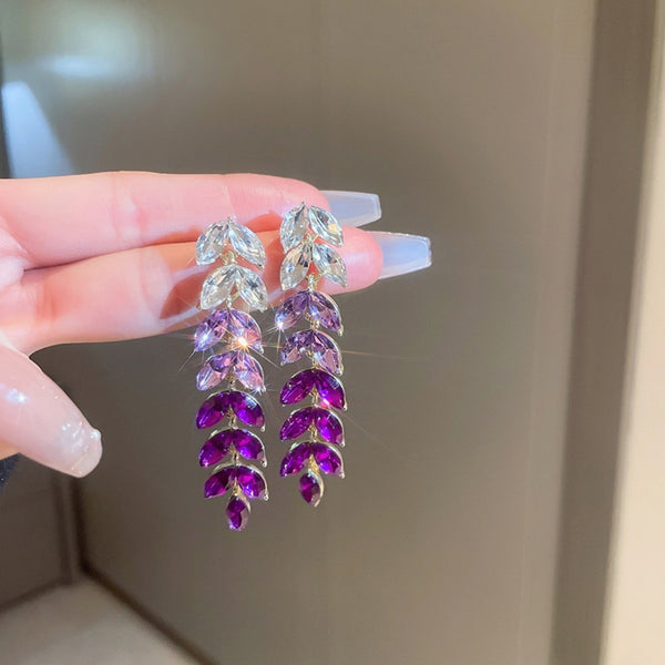 Rhinestone leaf tassel earrings
